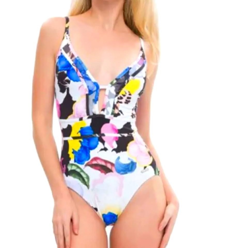 Sunseeker floral bloom plunge white watercolor print one piece bathing suit 6